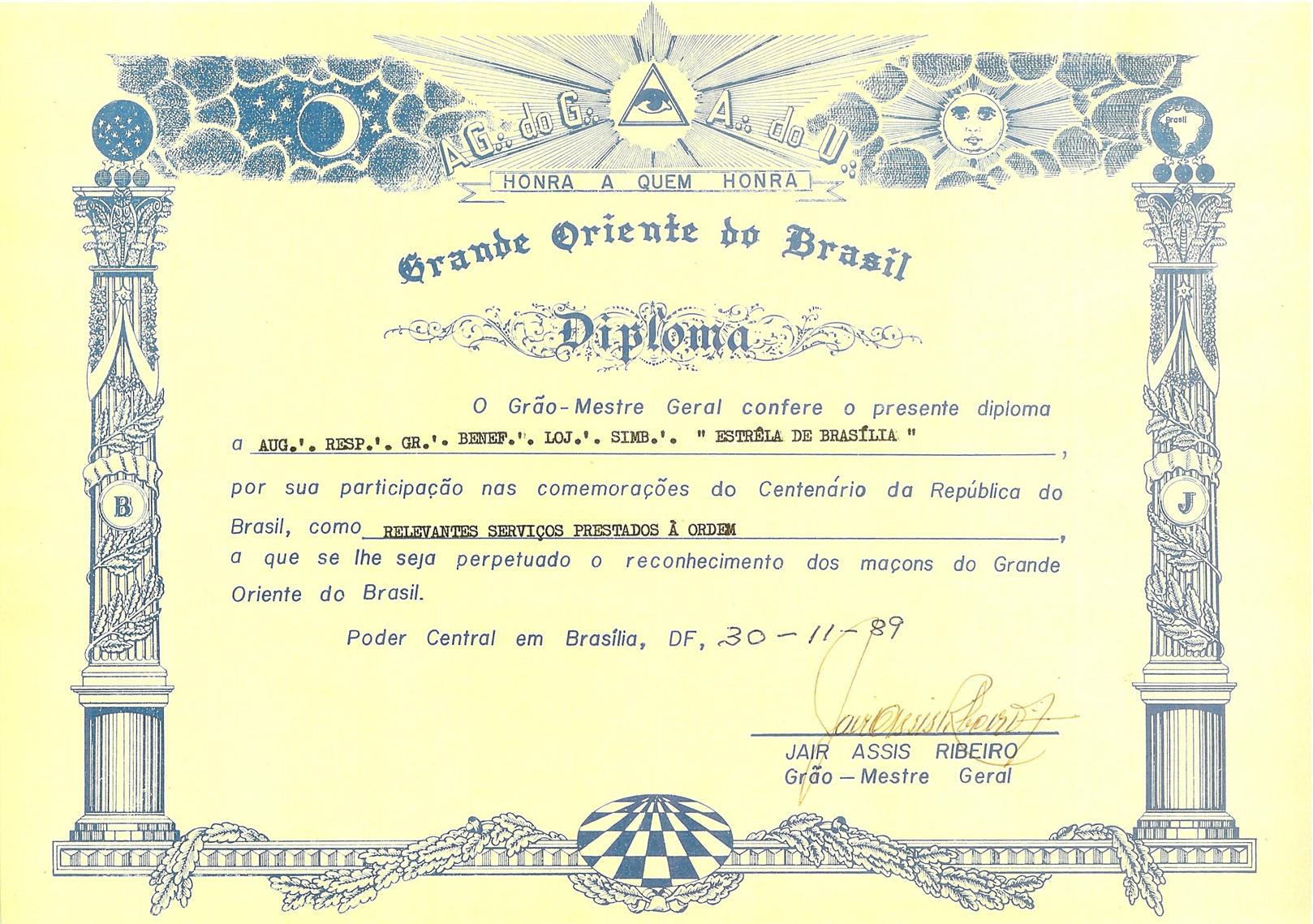 Diploma de Reconhecimento pelos Relevantes Serviços Prestados à Ordem conferido pelo GOB em 1989
